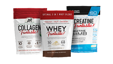 Collection of Fantastic Nutrition's all-natural products, including Whey and Collagen powders in unflavored options.