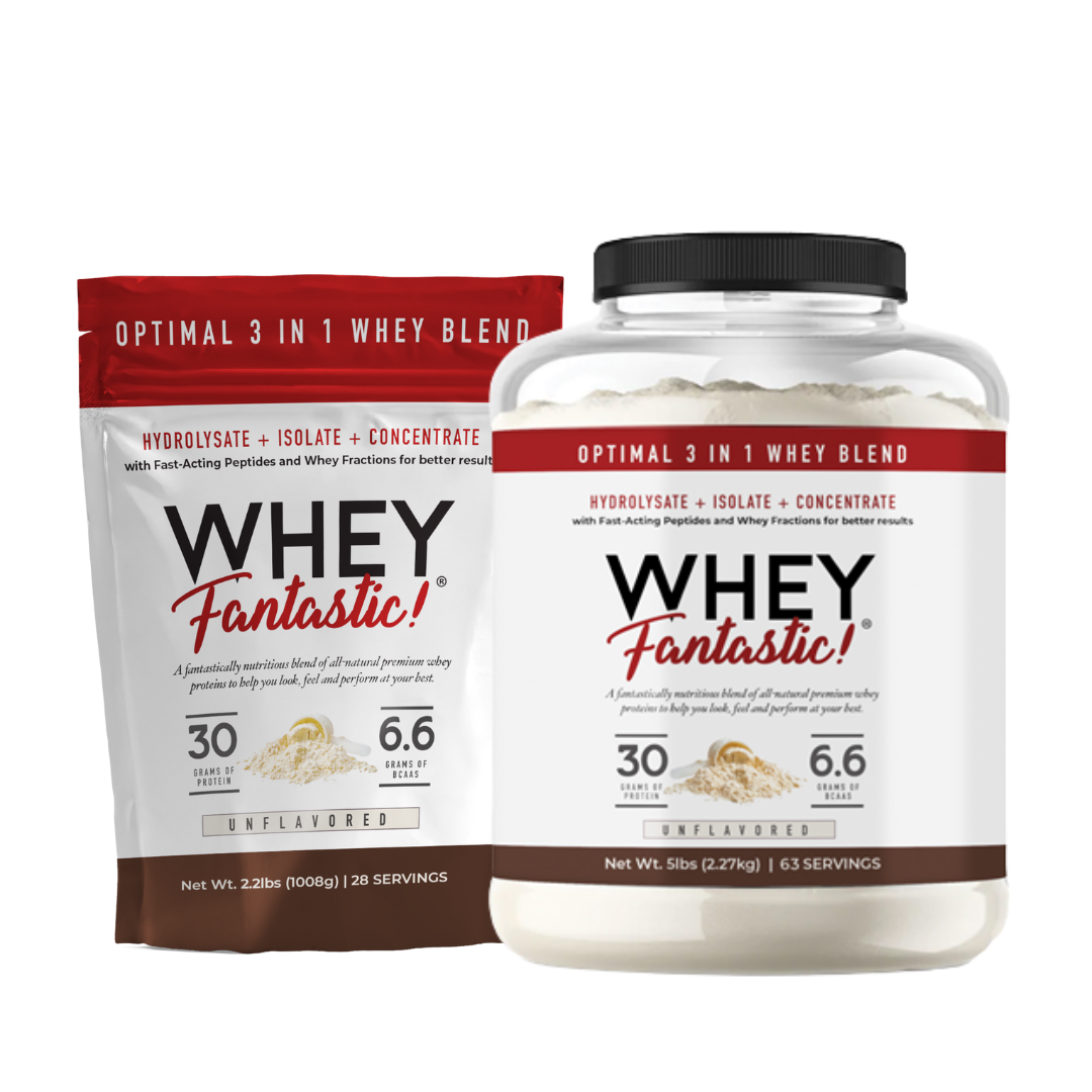 Grass-fed whey protein blend in pouch and tub, offering 25g of protein per serving, unflavored protein supplement.