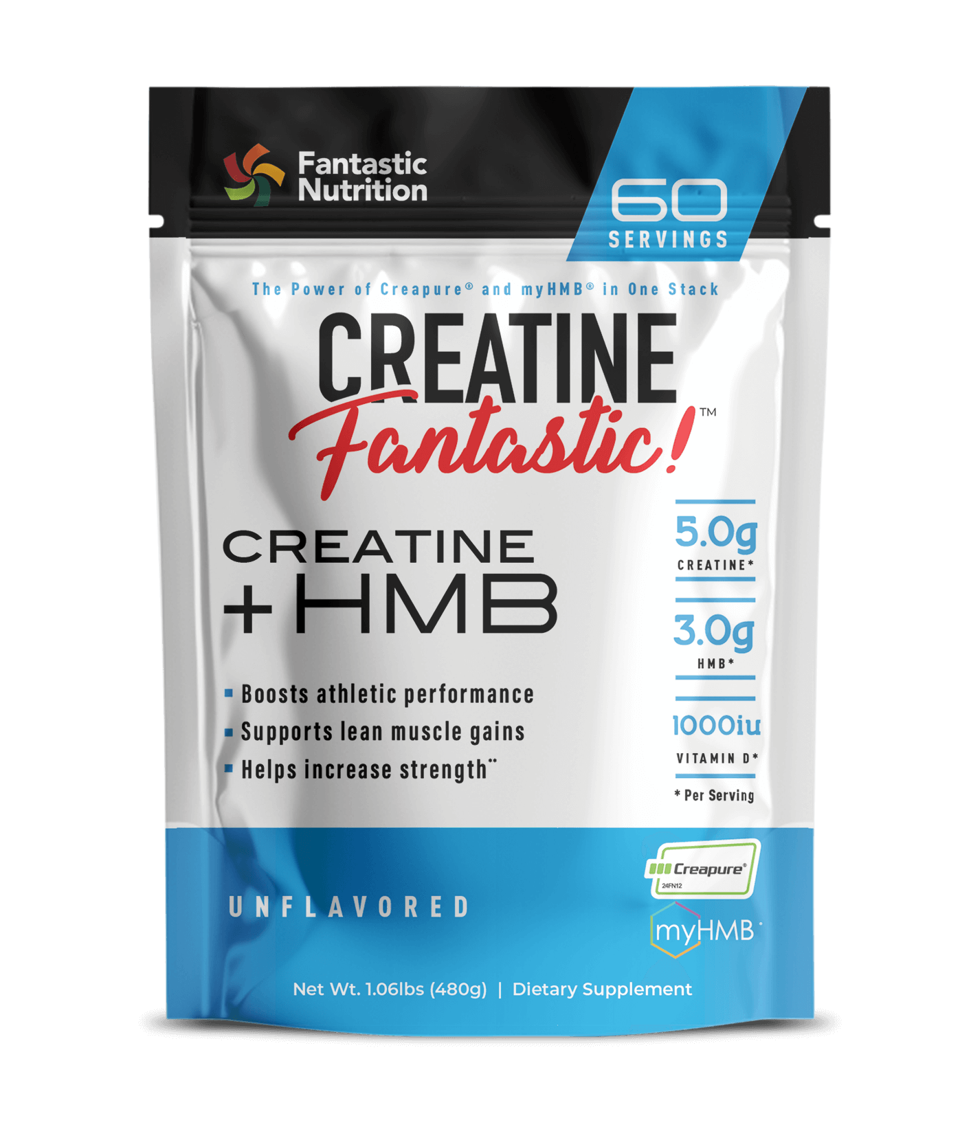 Creatine Fantastic supplement bag featuring CreaPure Creatine and myHMB for muscle gain and improved athletic performance.