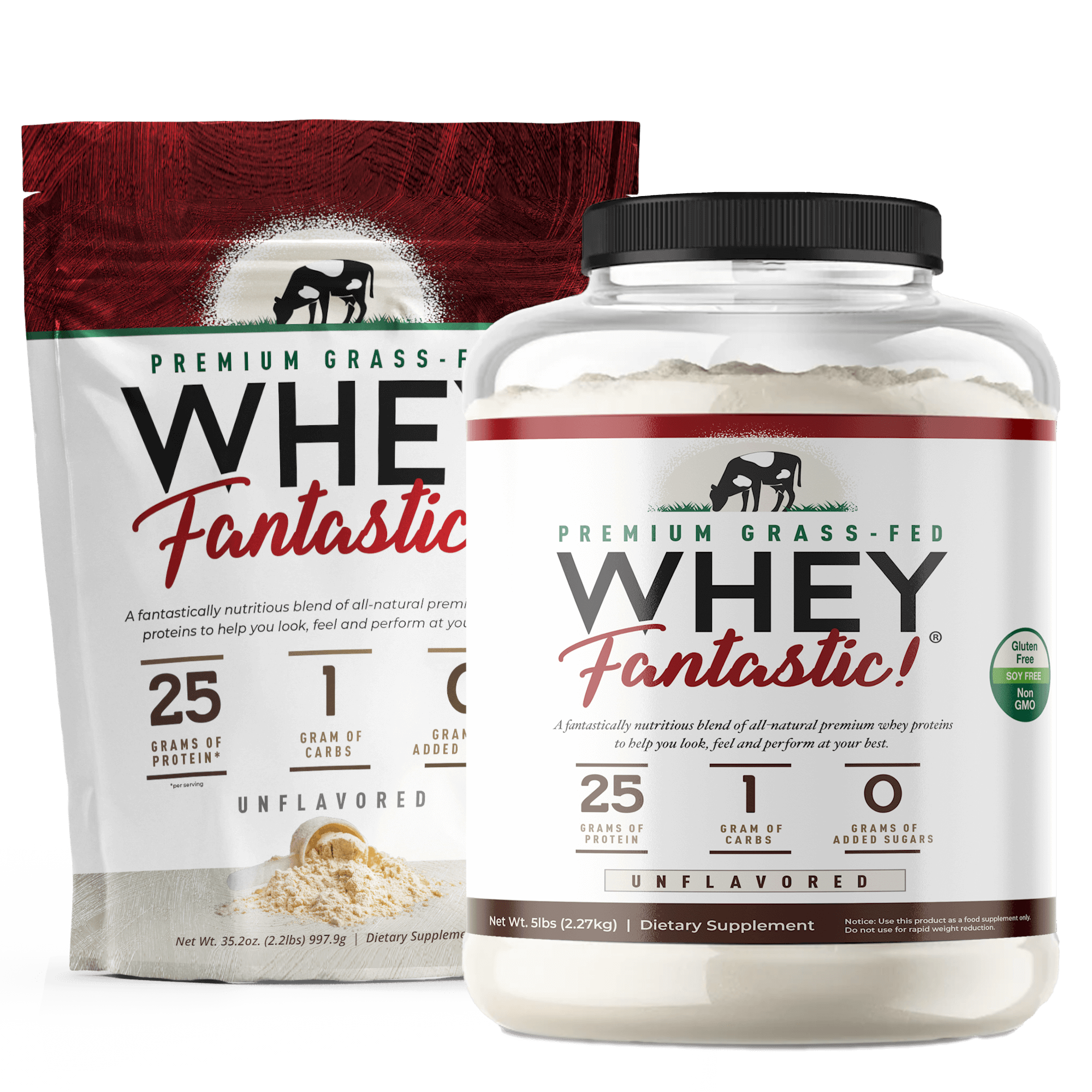 Premium Grass-Fed Whey Protein from Fantastic Nutrition in jar and pouch, offering 25 grams of protein per serving.