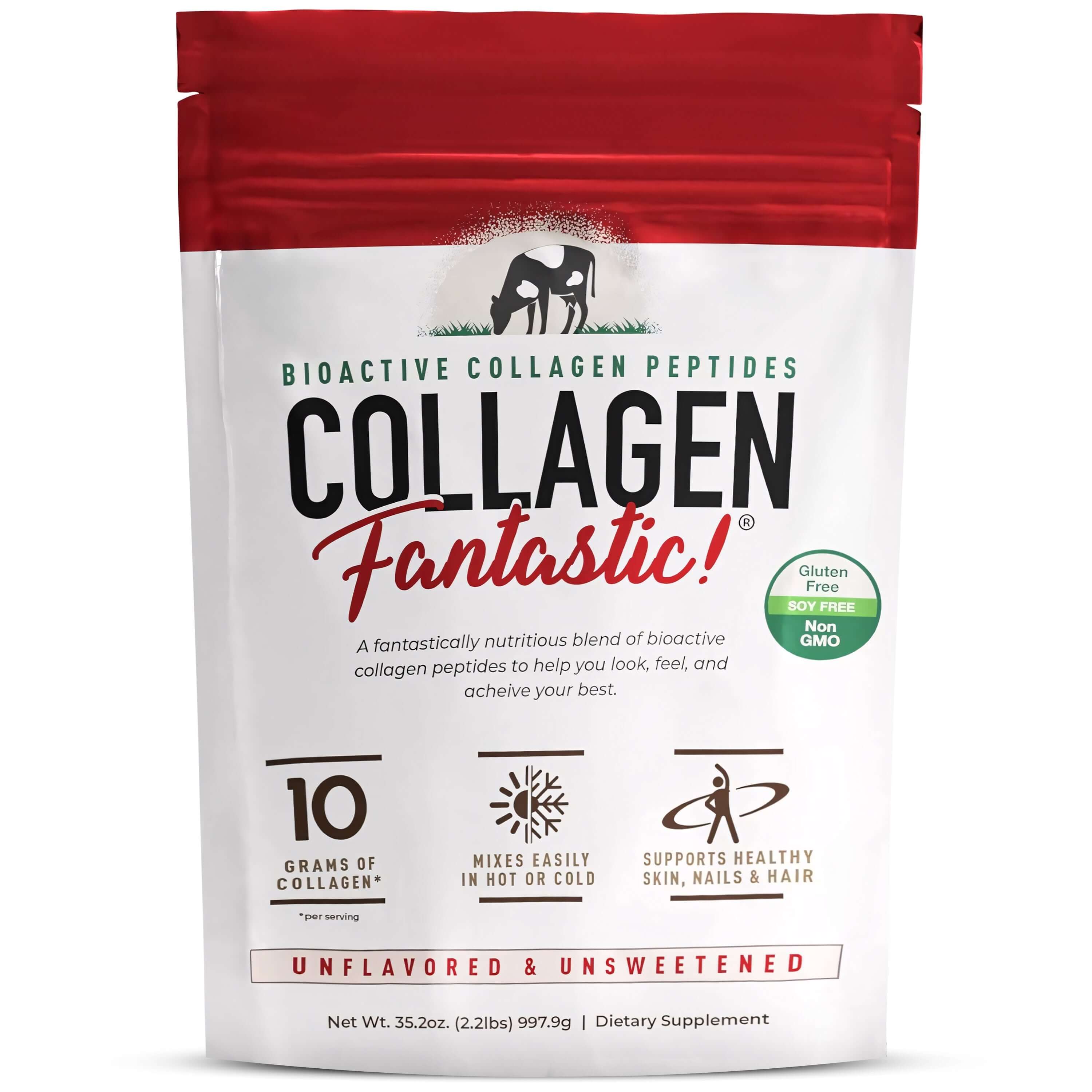 Collagen Fantastic grass-fed collagen peptides powder package, unflavored, supporting skin, nails, and hair health.