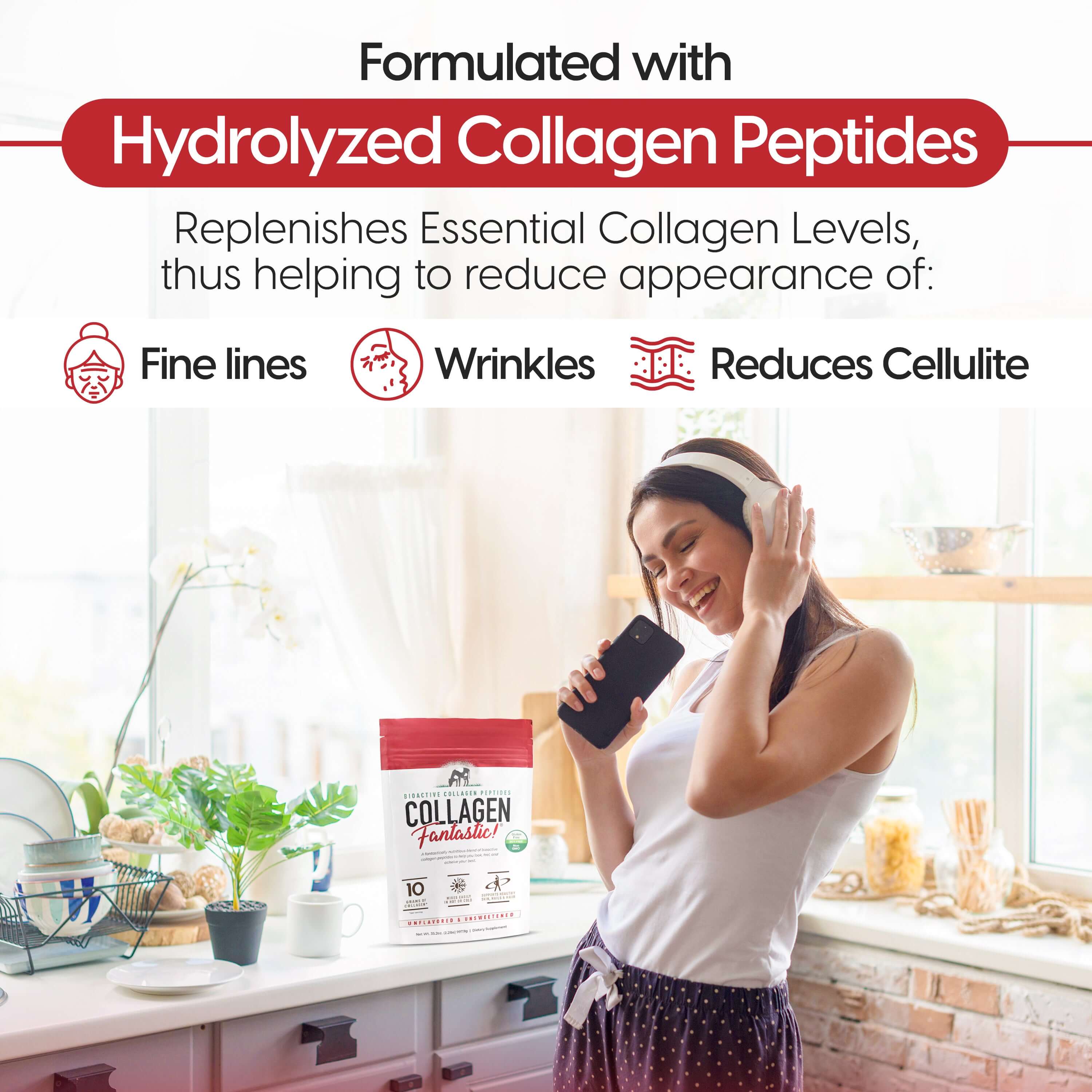 Woman enjoying music, promoting Hydrolyzed Collagen Peptides for fine lines, wrinkles, and cellulite reduction.