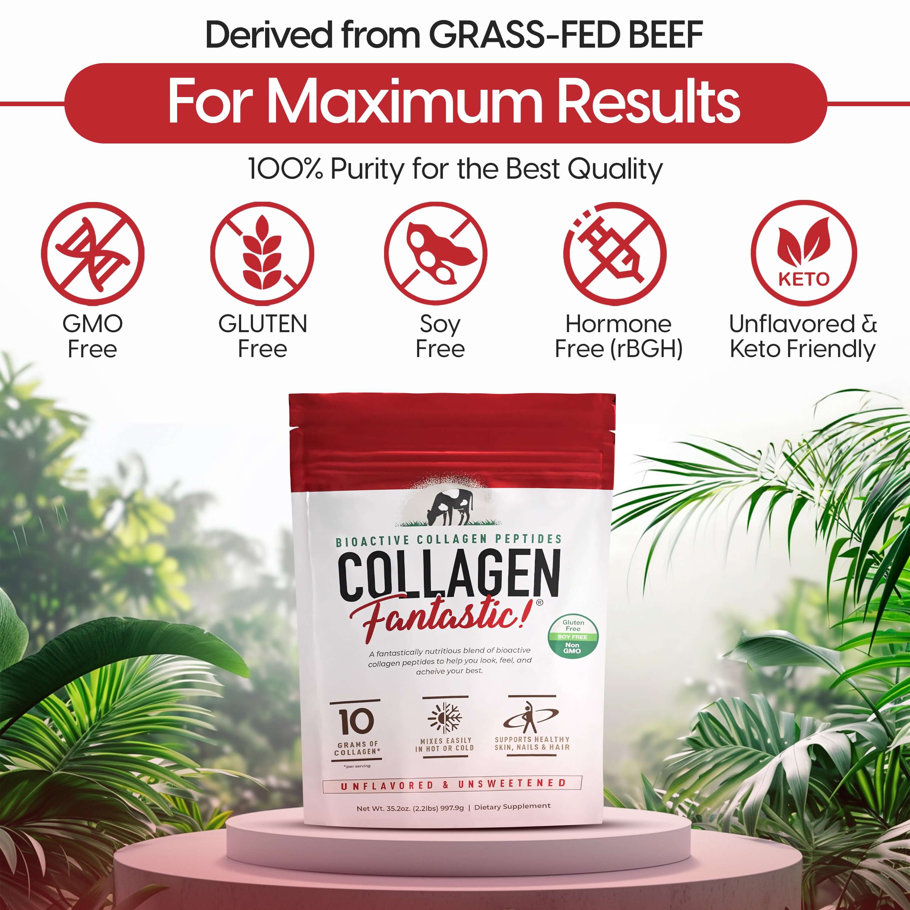 Grass-Fed Bovine Collagen Peptides packaging highlighting purity, gluten-free, hormone-free, unflavored, and keto-friendly features.