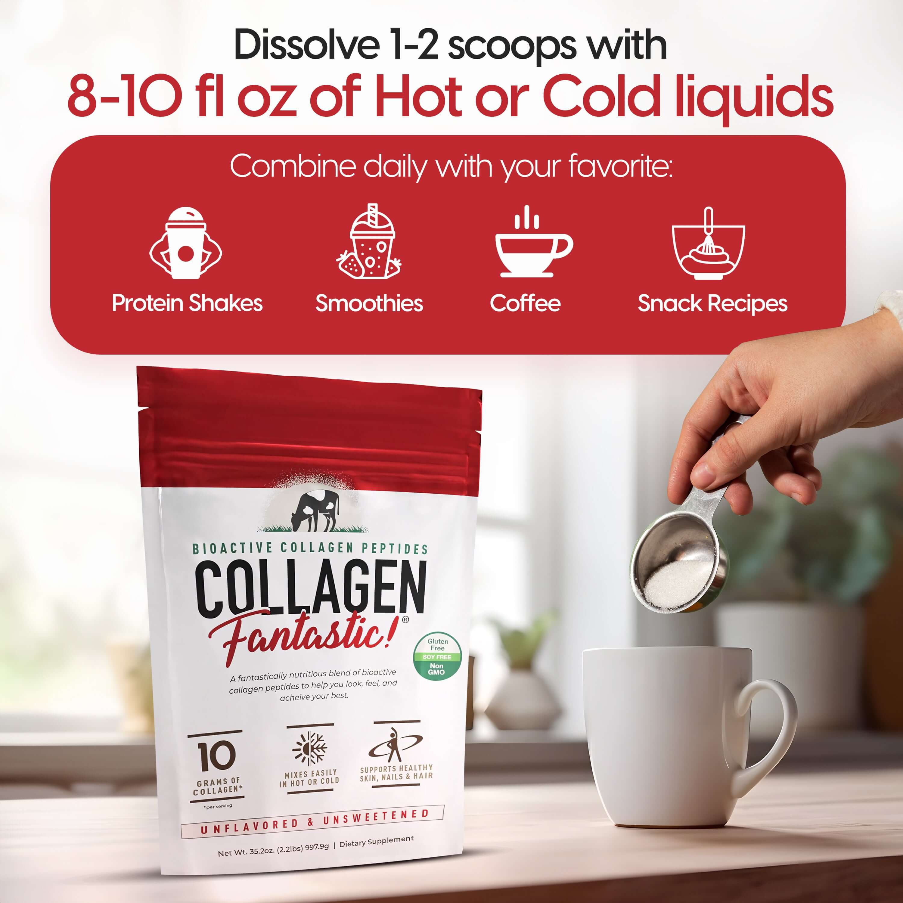 Collagen Fantastic packaging being added to a cup, showcasing usage in shakes, smoothies, coffee, and snacks.