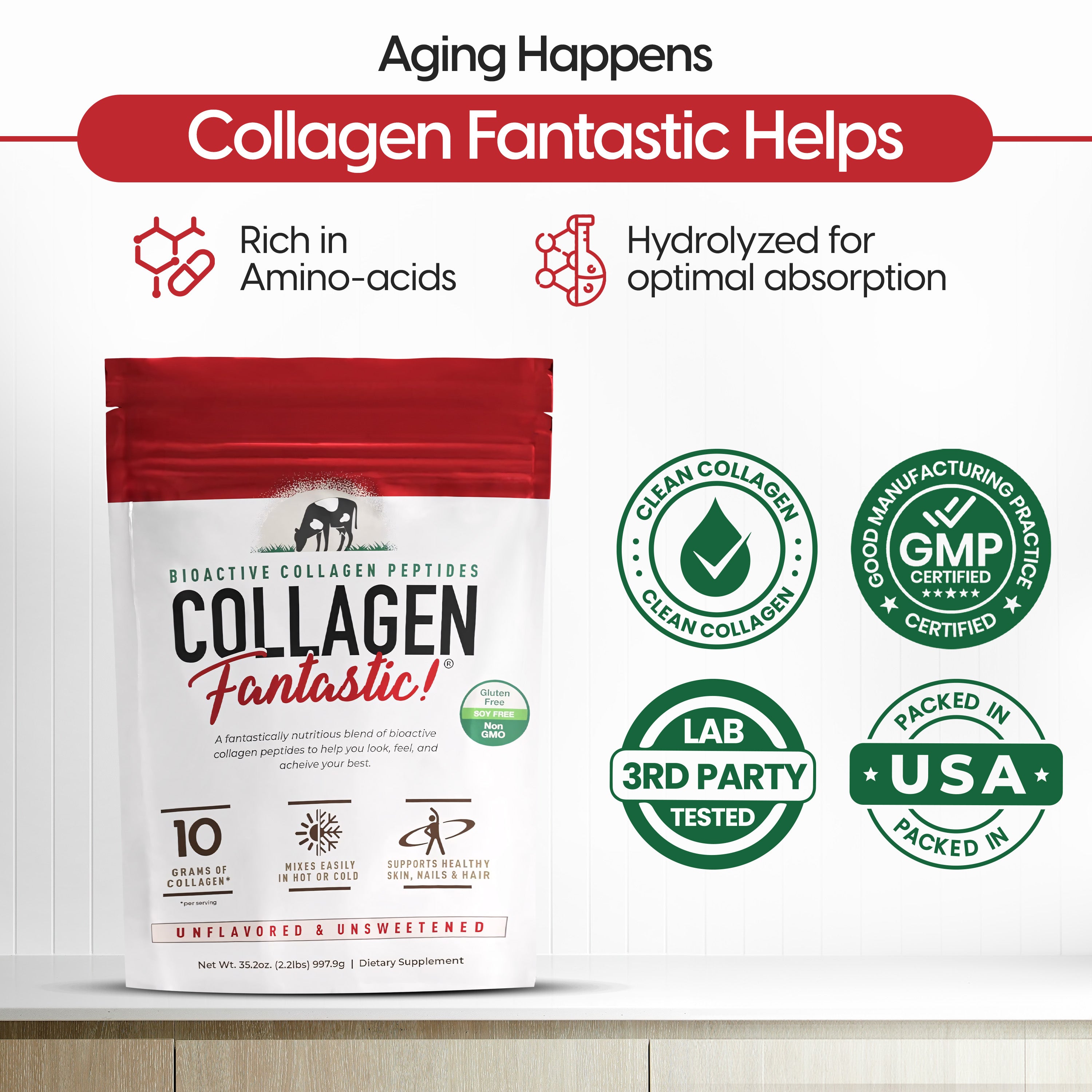 Collagen Fantastic Grass-Fed Bovine Collagen Peptides bag, highlighting bioactive peptides for skin and joint support.