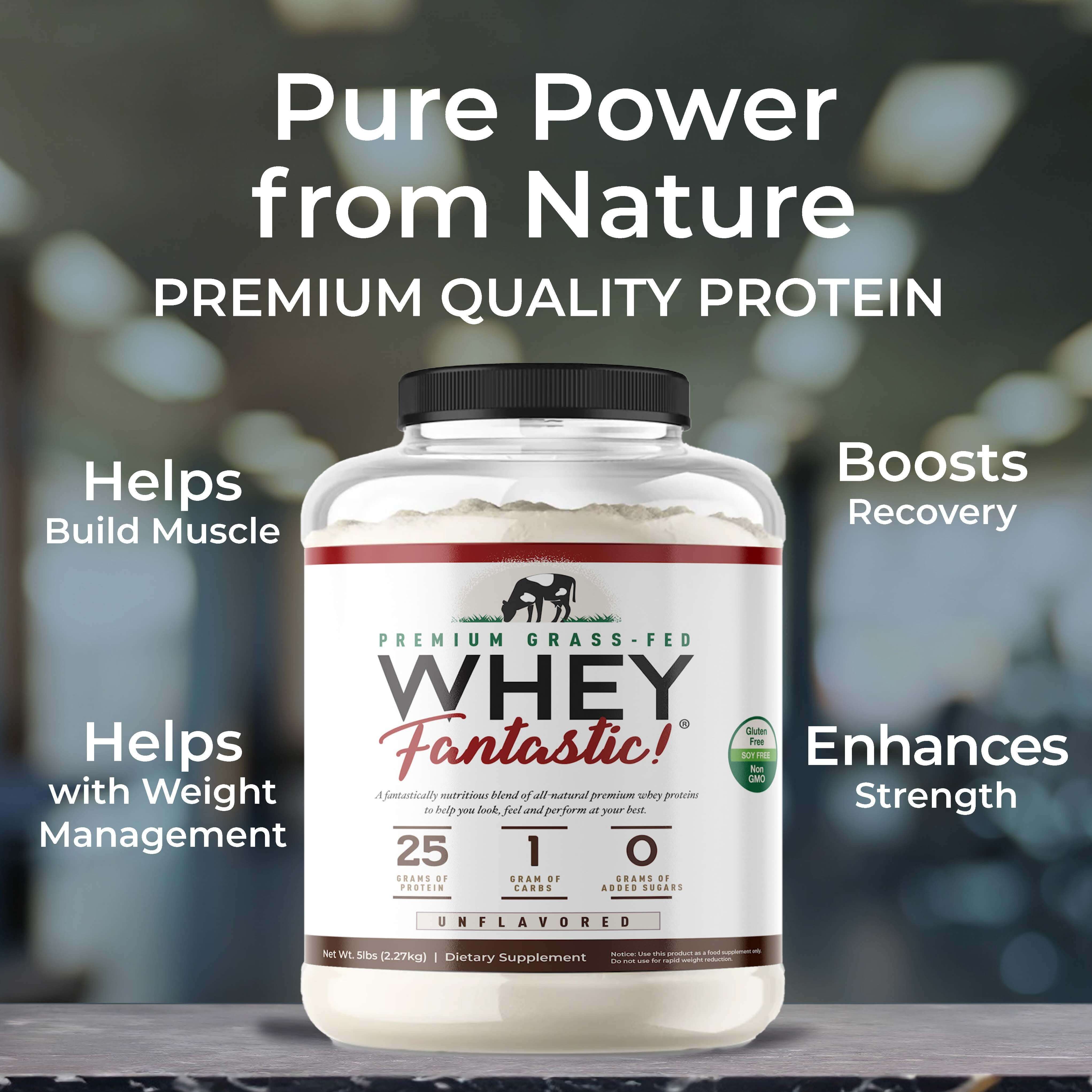 Whey Fantastic premium grass-fed whey protein powder for muscle building and recovery, 25g protein per serving.