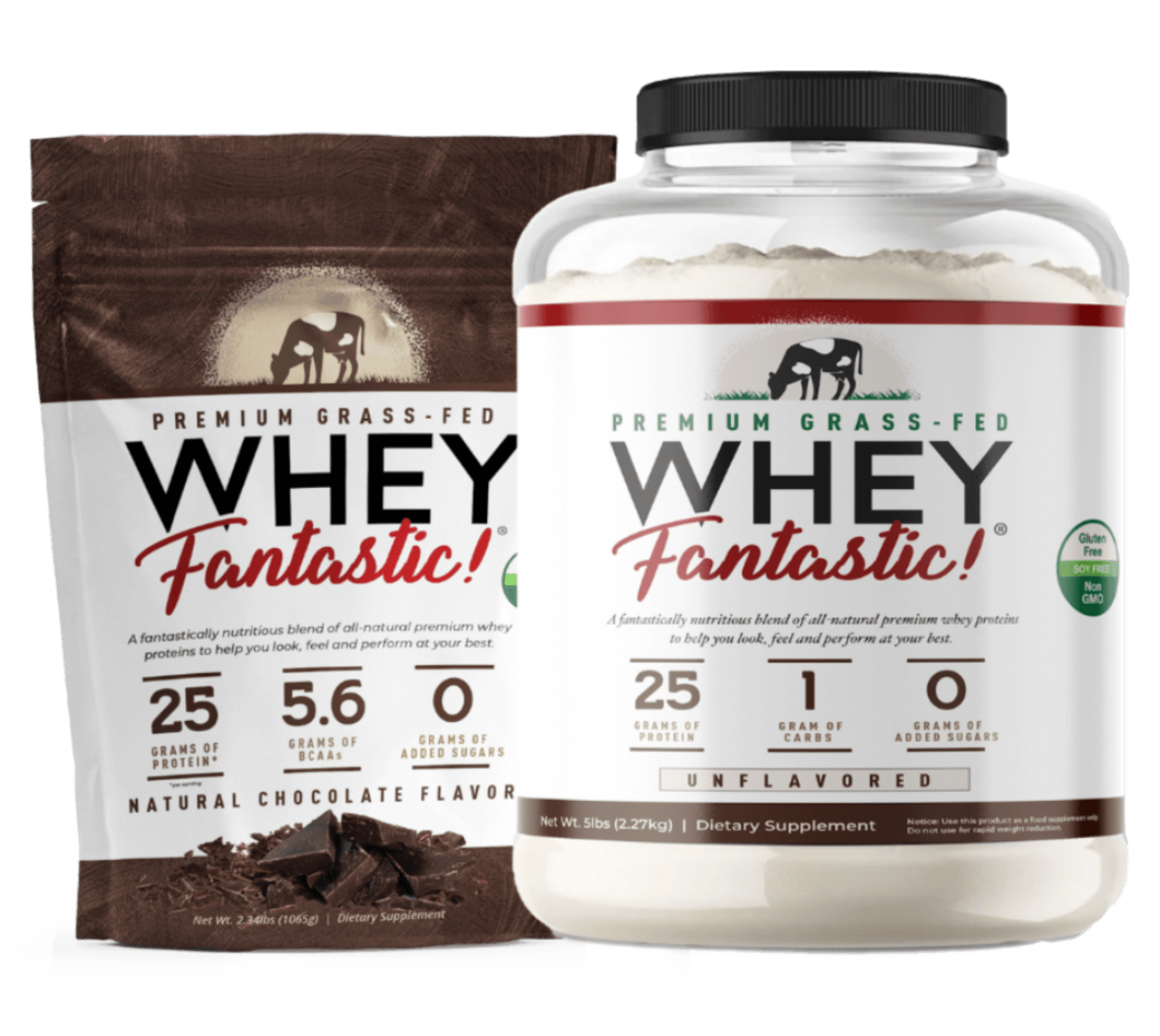 Whey Fantastic Grass-Fed Whey Protein Powder packaging showcase, highlighting 25g protein per serving and natural flavors.