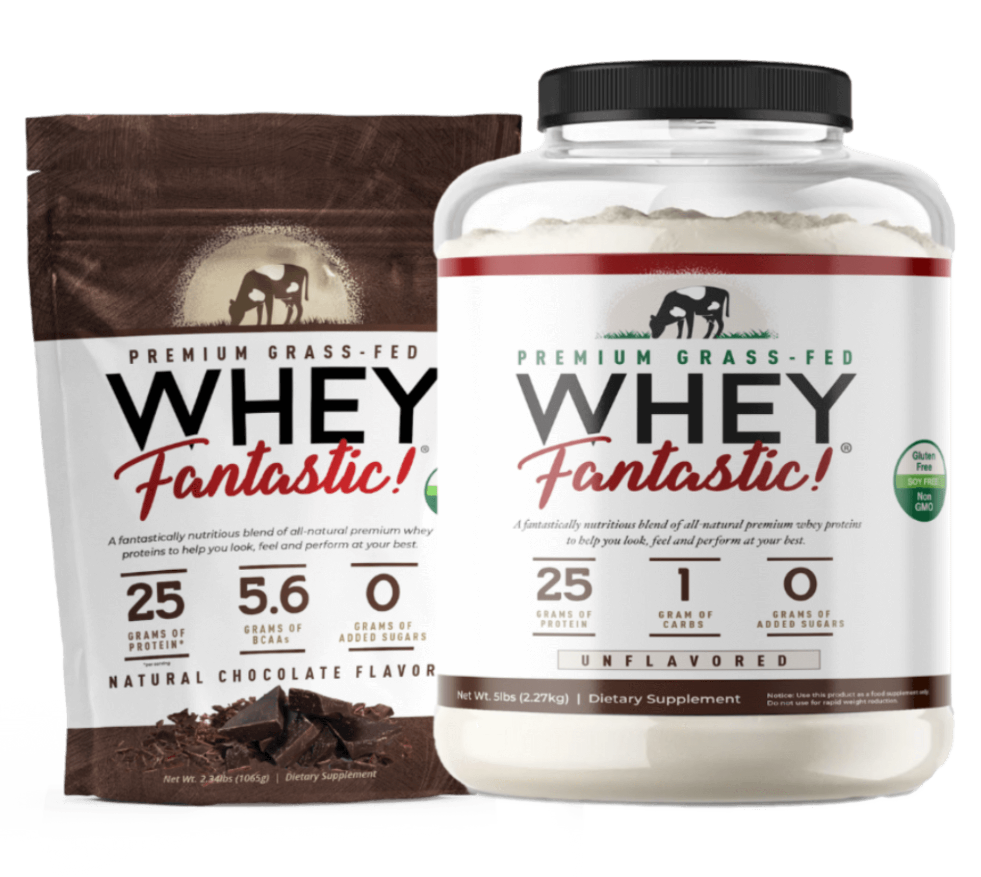 Whey Fantastic Grass-Fed Whey Protein Powder packaging showcase, highlighting 25g protein per serving and natural flavors.