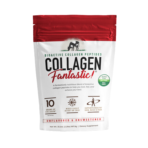 Collagen Fantastic Grass-Fed Bovine Collagen Peptides powder for skin, hair, and joint support, unflavored and unsweetened.