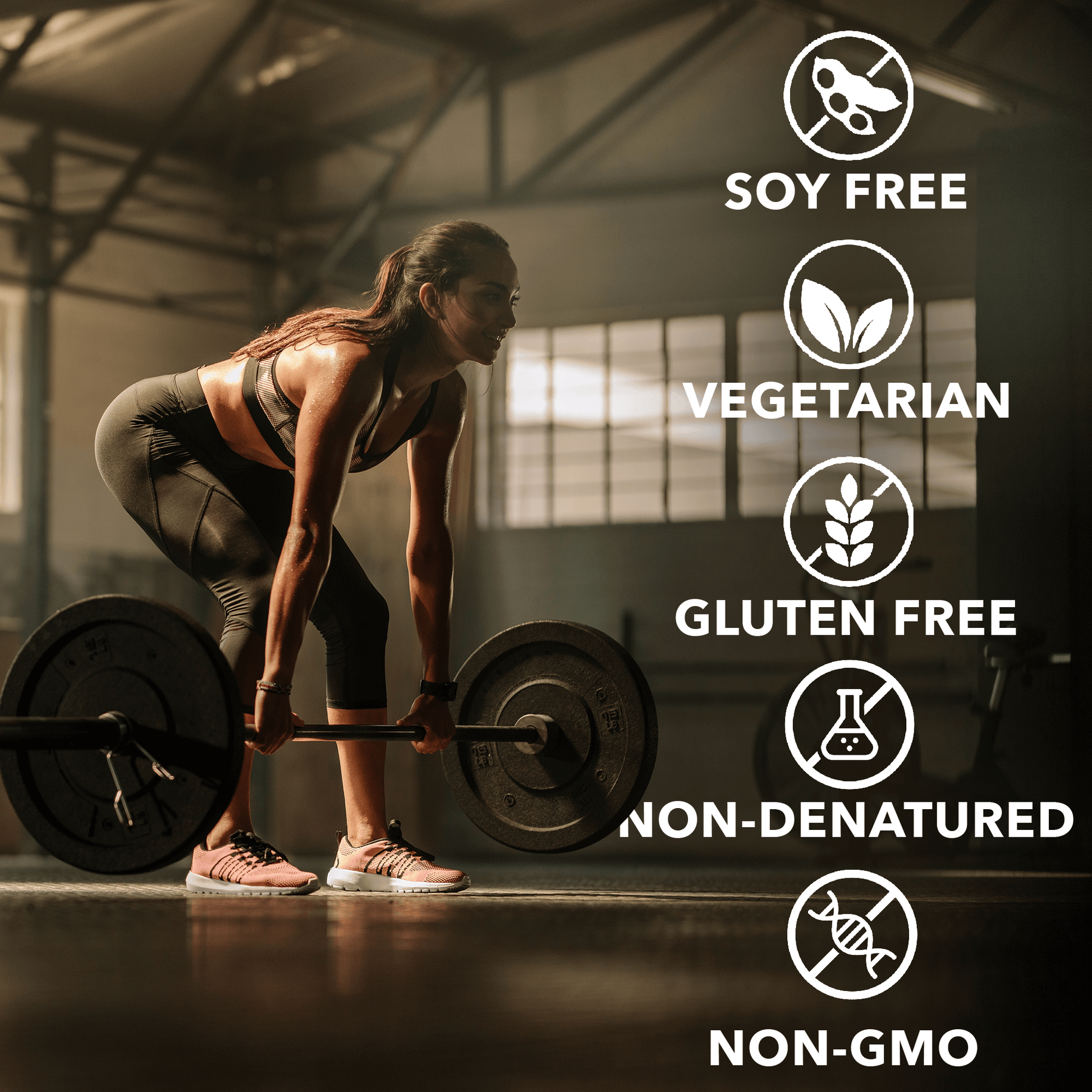 Woman lifting weights in gym showcasing soy free, vegetarian, gluten free, non-denatured, and non-GMO product benefits.