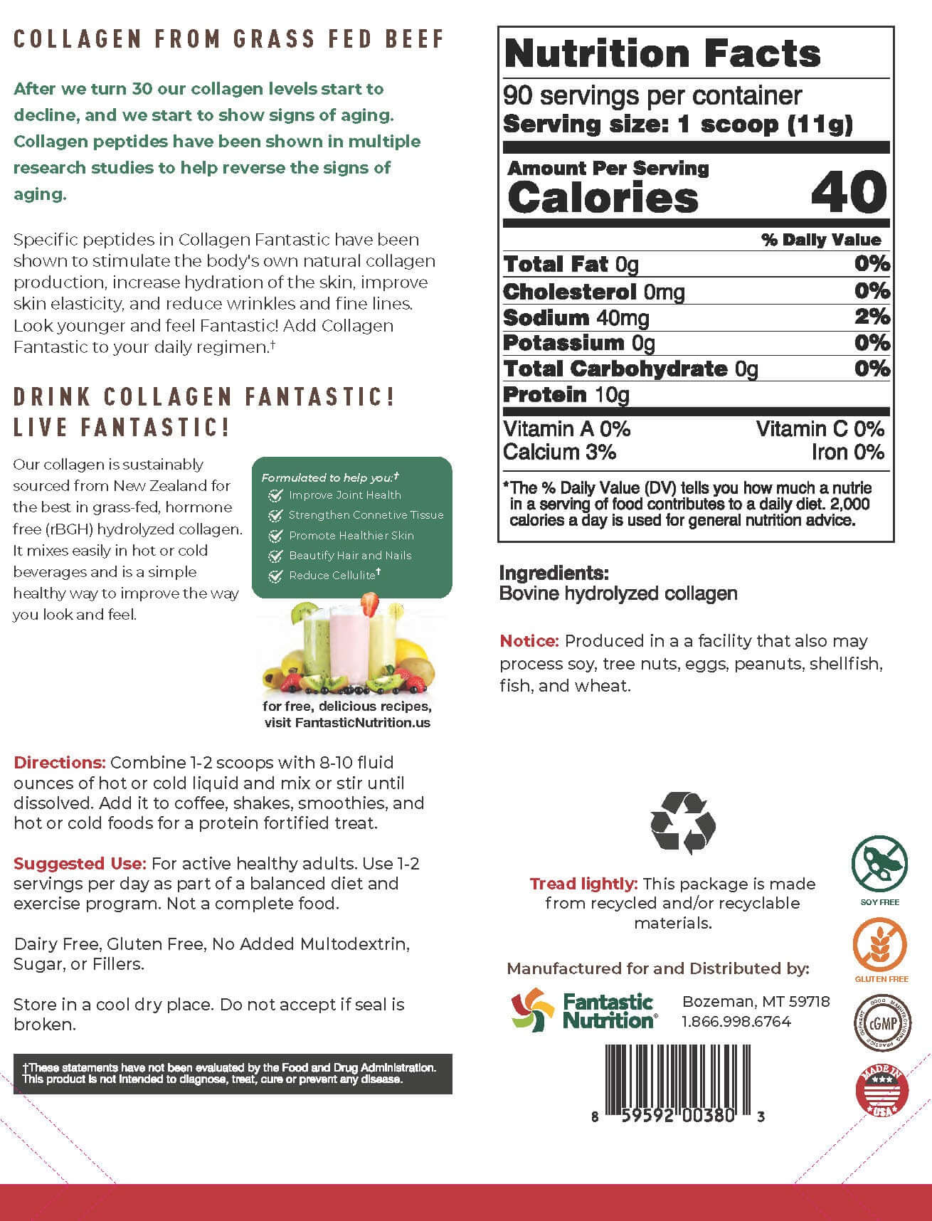 Nutritional information and serving details for Grass-Fed Bovine Collagen Peptides powder packaging.