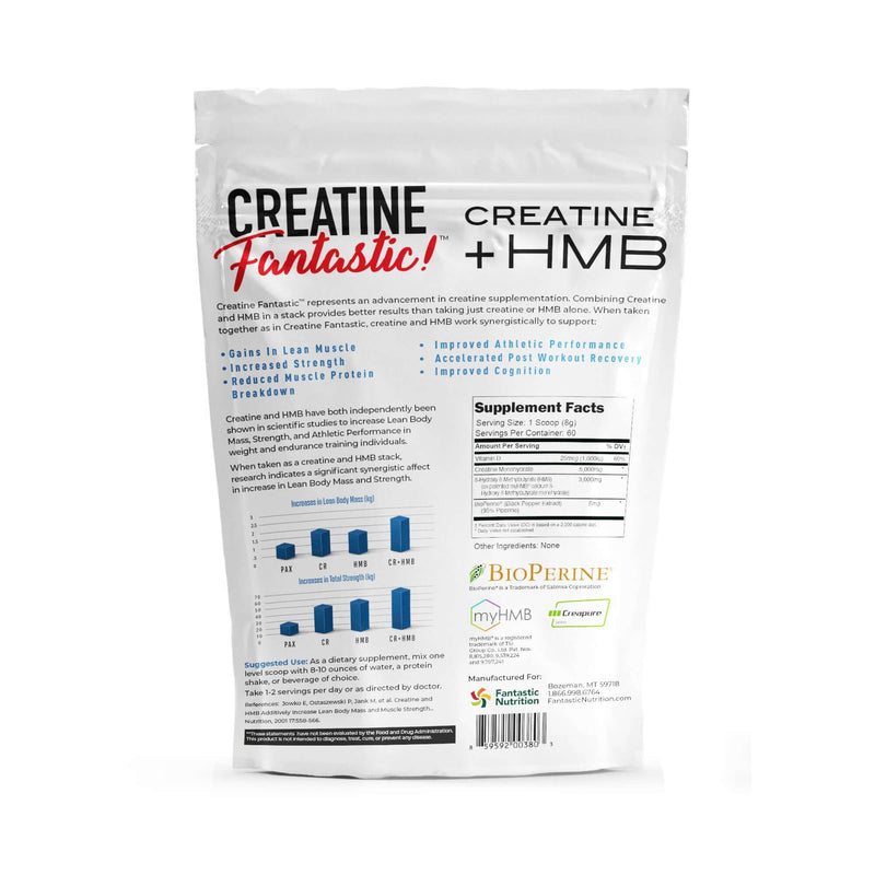 Creatine Fantastic supplement bag featuring Creapure creatine monohydrate and myHMB for muscle growth and recovery.