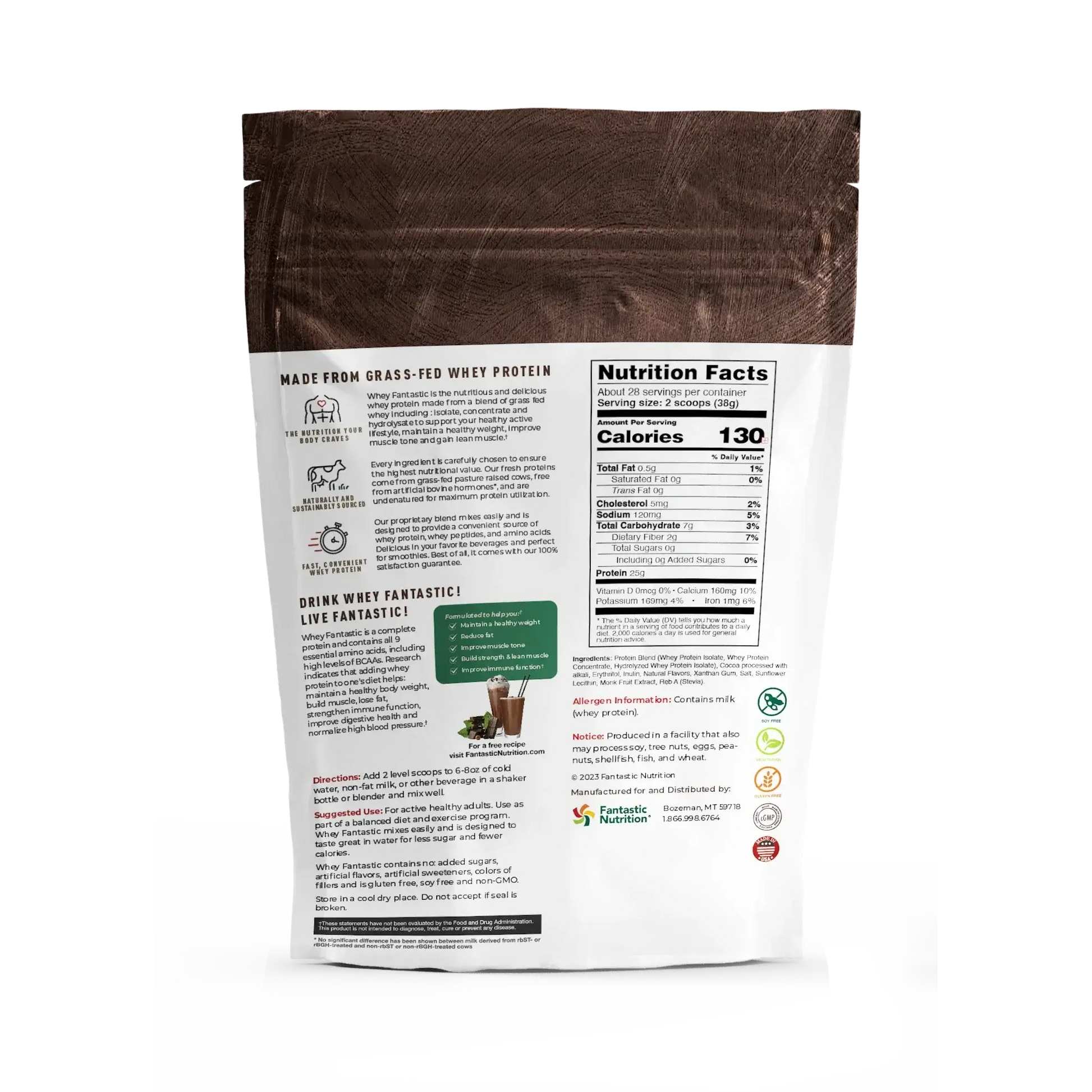 Back view of Whey Fantastic Grass-Fed Whey Protein Powder bag showing nutrition facts and all-natural ingredients.