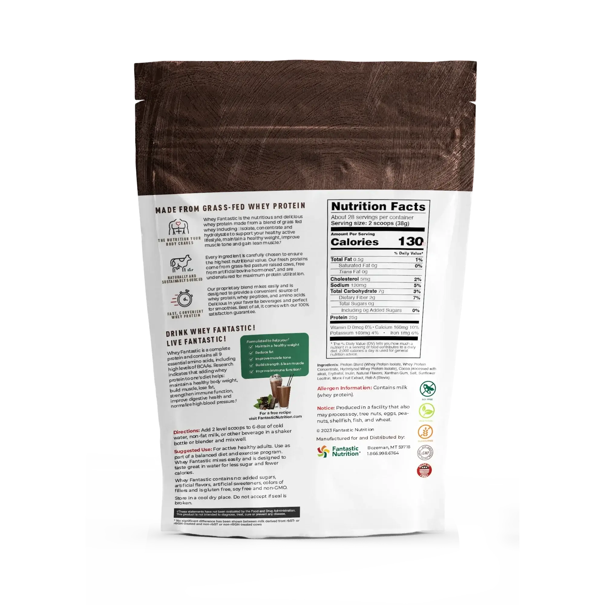 Back view of Whey Fantastic Grass-Fed Whey Protein Powder bag showing nutrition facts and all-natural ingredients.