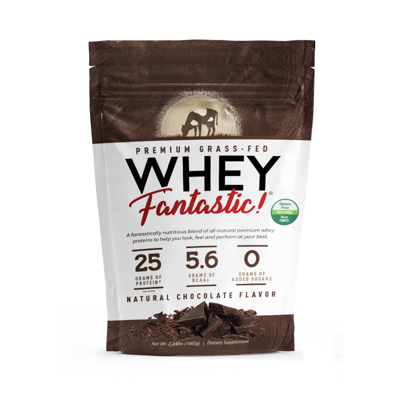 Whey Fantastic Grass-Fed Whey Protein Powder in Natural Chocolate Flavor, offering 25g protein per serving.