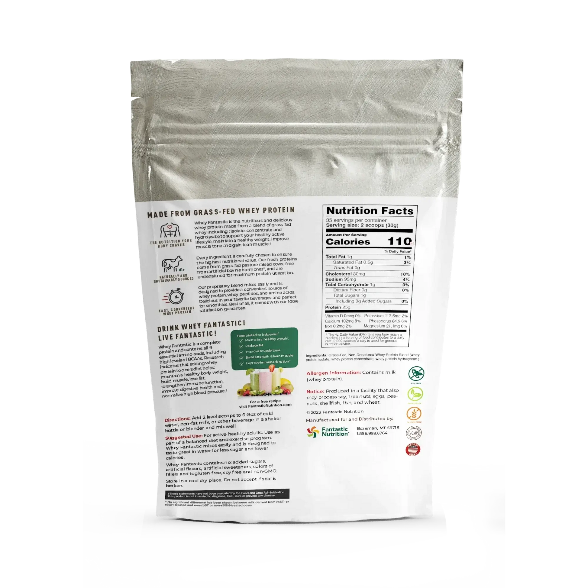 Whey Fantastic Grass-Fed Whey Protein Powder bag showcasing nutrition facts and ingredients for optimal muscle building.