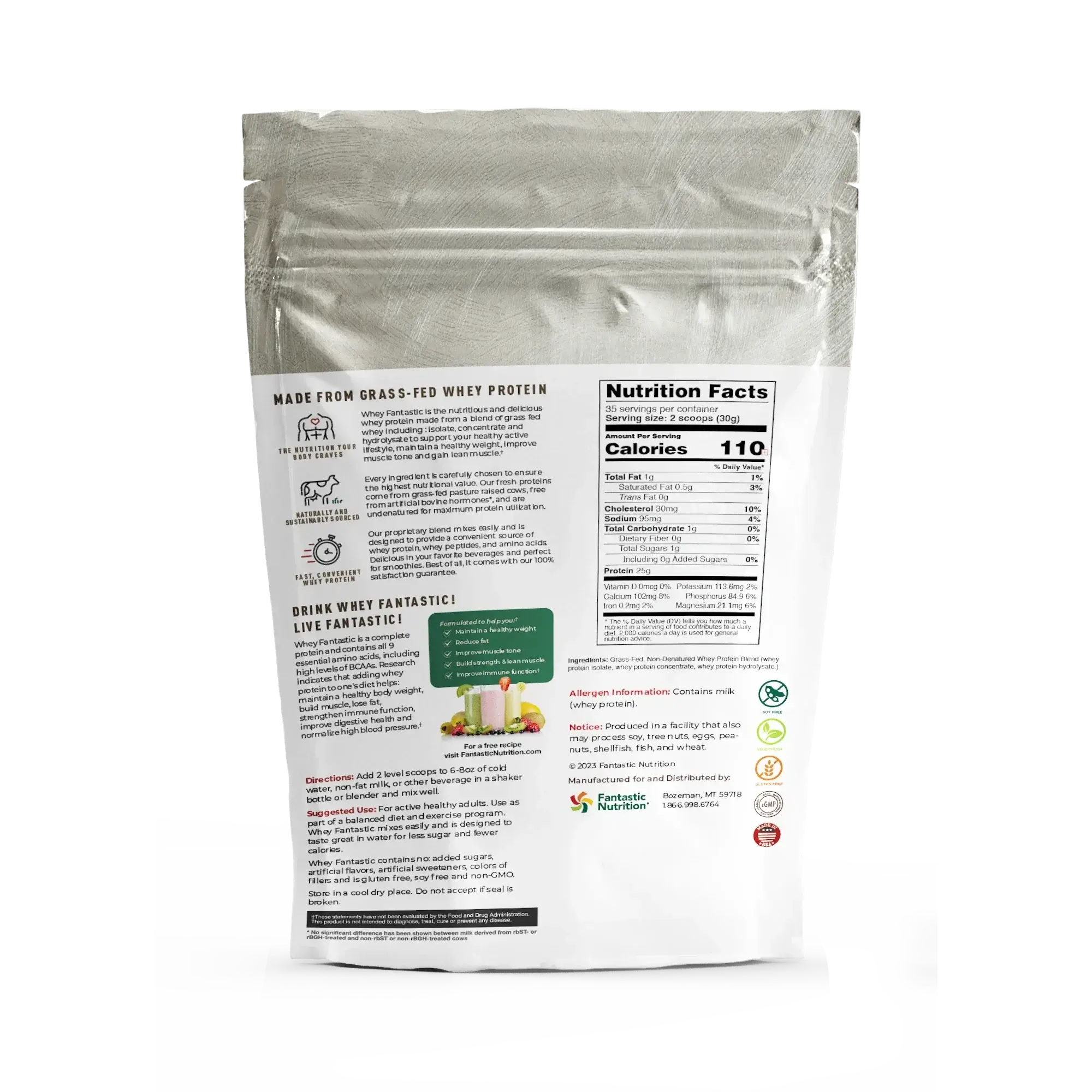 Whey Fantastic Grass-Fed Whey Protein Powder bag showcasing nutrition facts and ingredients for optimal muscle building.