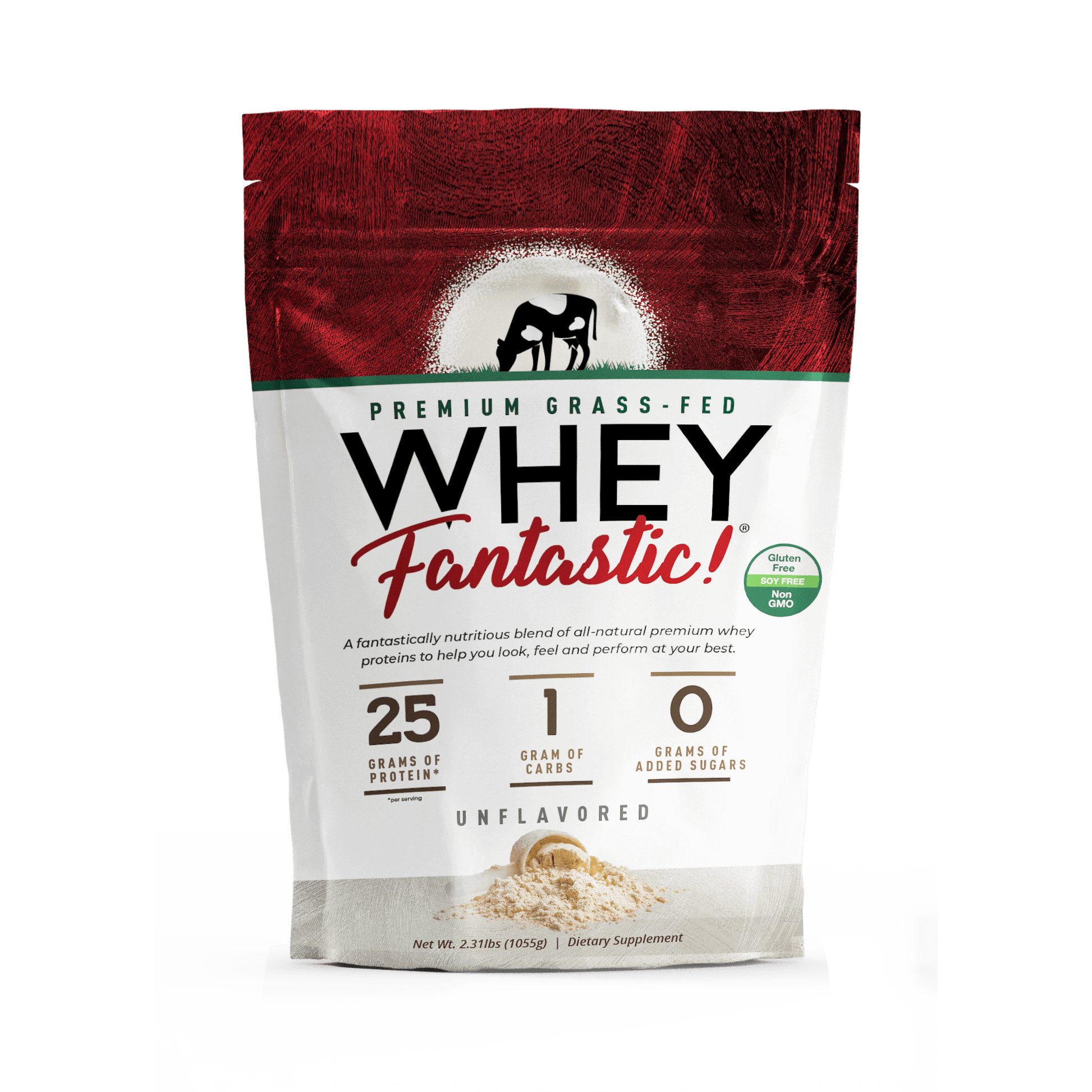 Whey Fantastic grass-fed whey protein powder bag with 25g of protein, unflavored, and all-natural ingredients.