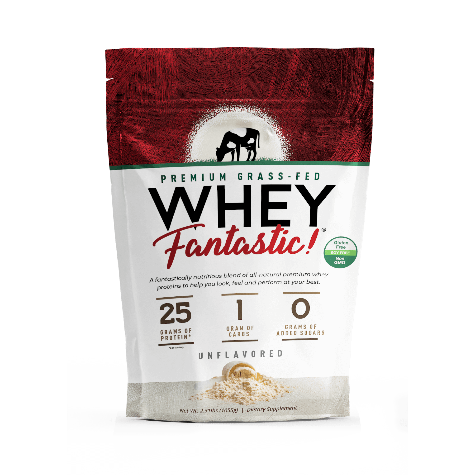 Whey Fantastic grass-fed whey protein powder bag with 25g of protein, unflavored, and all-natural ingredients.