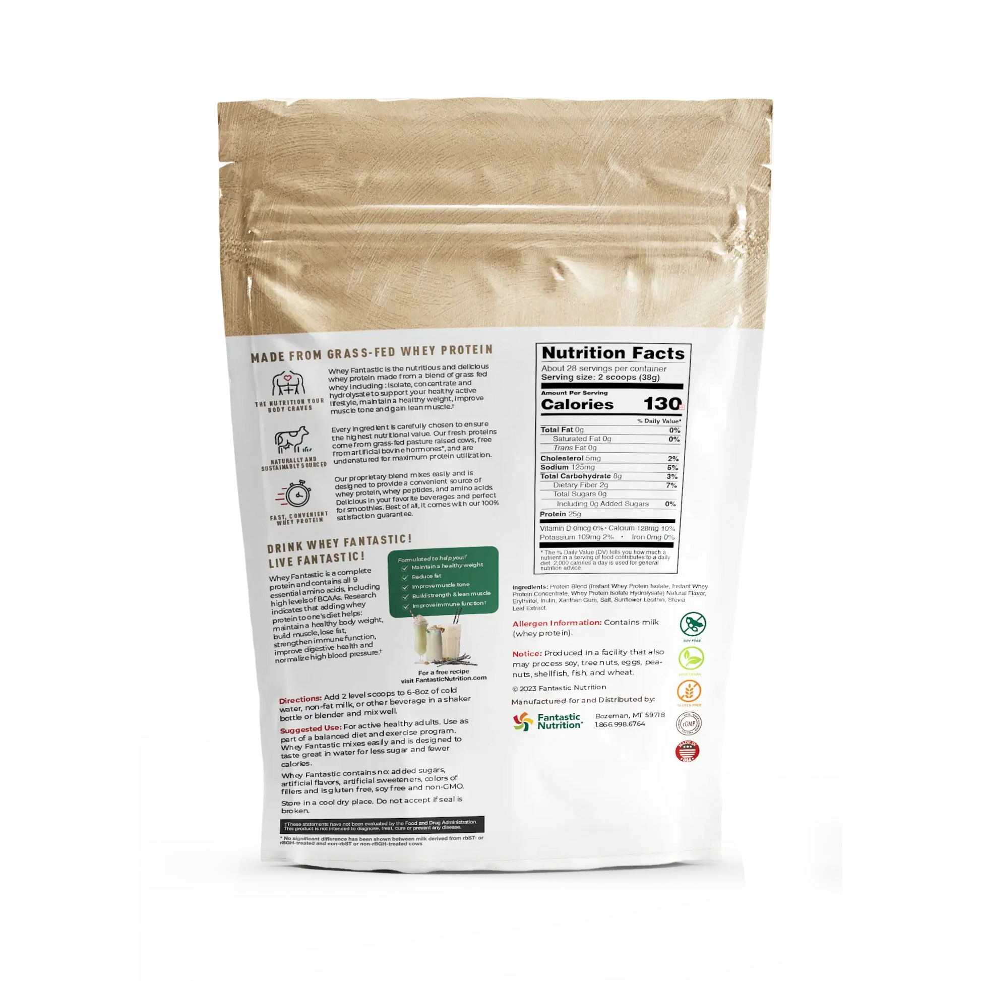 Whey Fantastic Grass-Fed Whey Protein Powder bag with nutrition facts and instructions for optimal use.