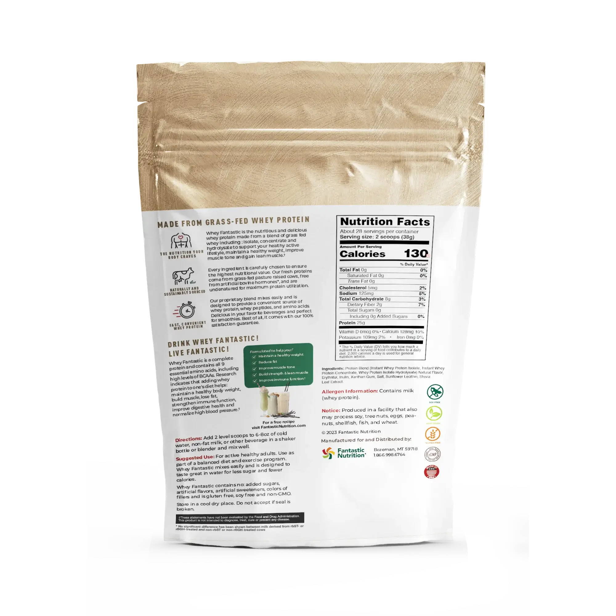 Whey Fantastic Grass-Fed Whey Protein Powder bag with nutrition facts and instructions for optimal use.