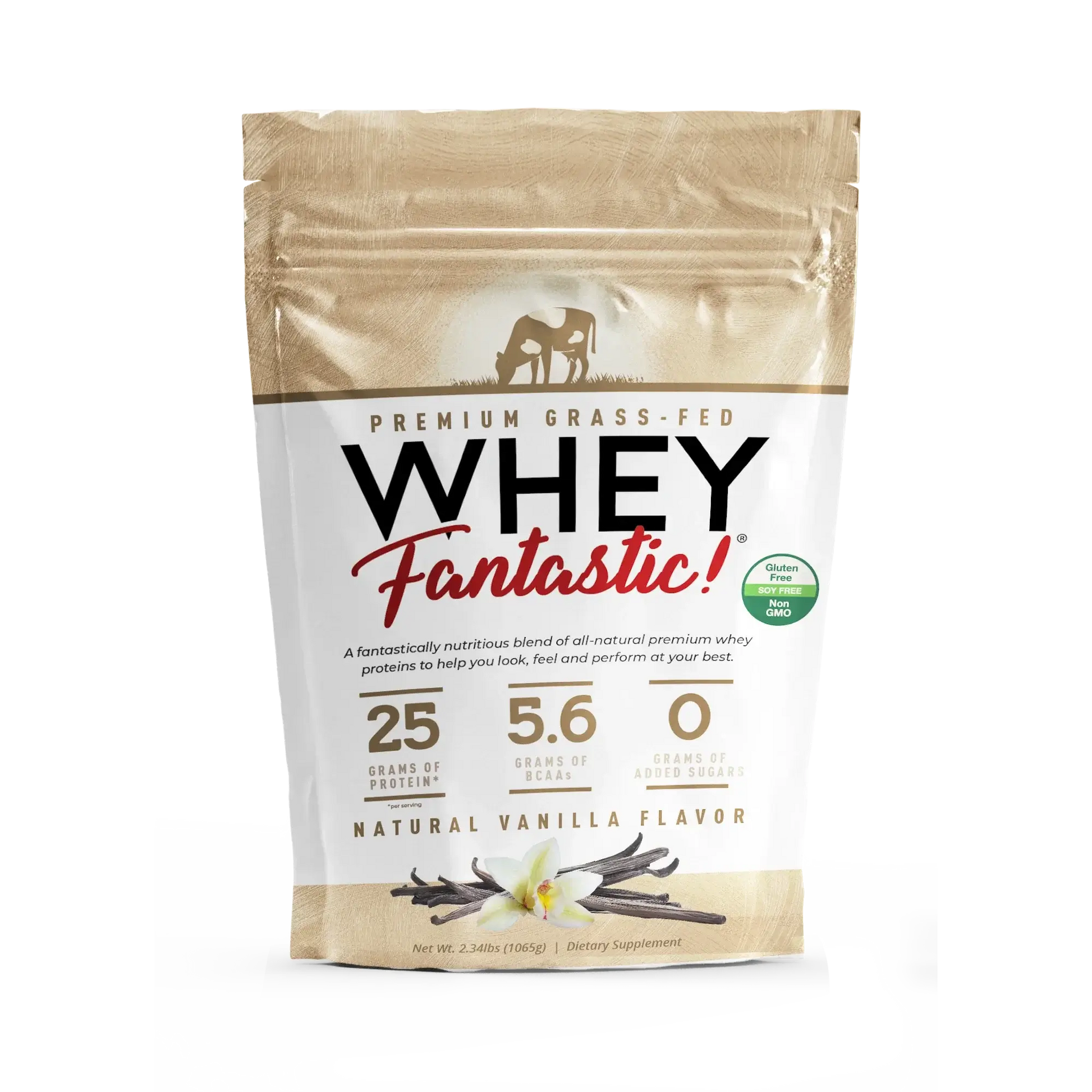 Whey Fantastic Grass-Fed Whey Protein Powder bag with vanilla flavor, featuring 25g protein and natural ingredients.