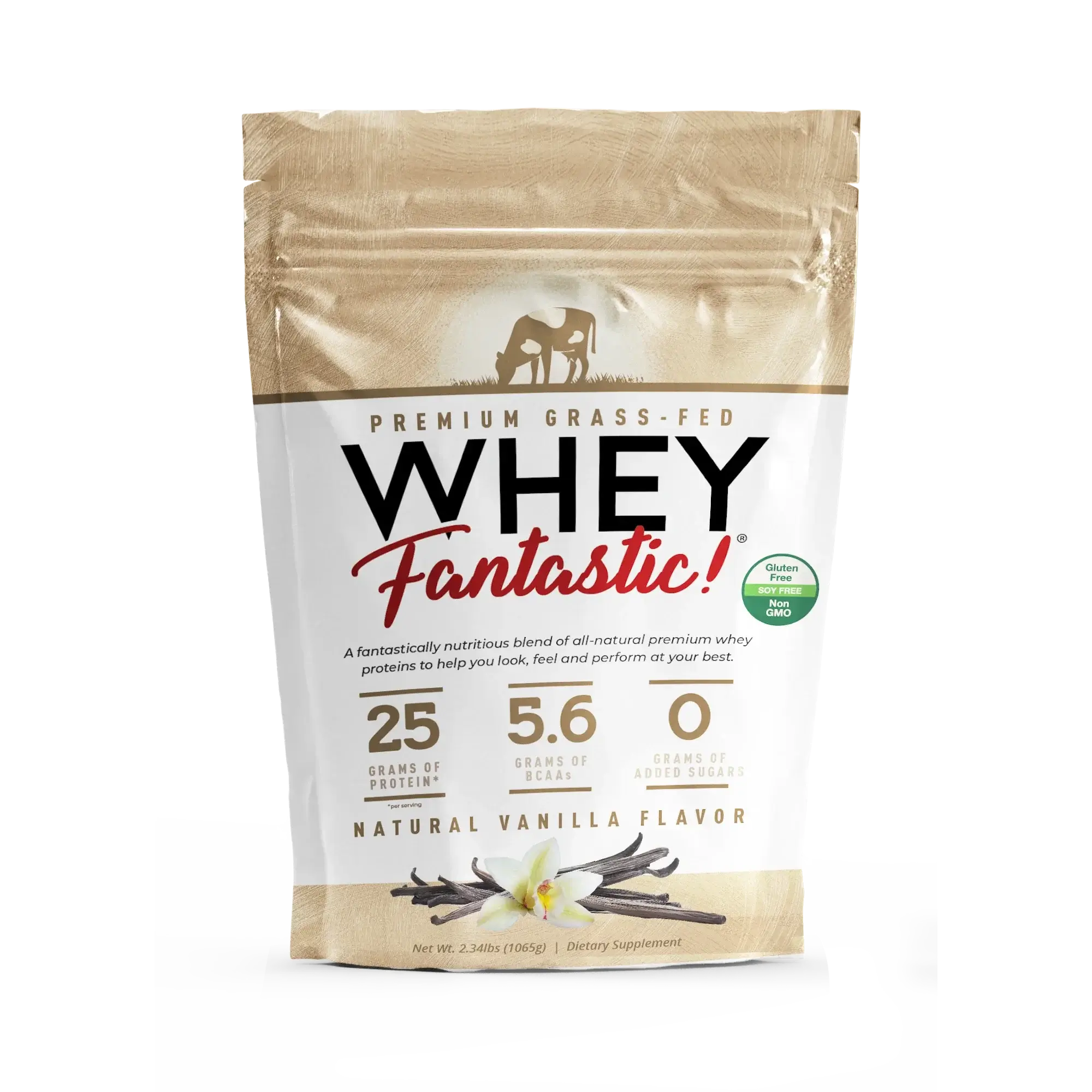 Whey Fantastic Grass-Fed Whey Protein Powder bag with vanilla flavor, featuring 25g protein and natural ingredients.