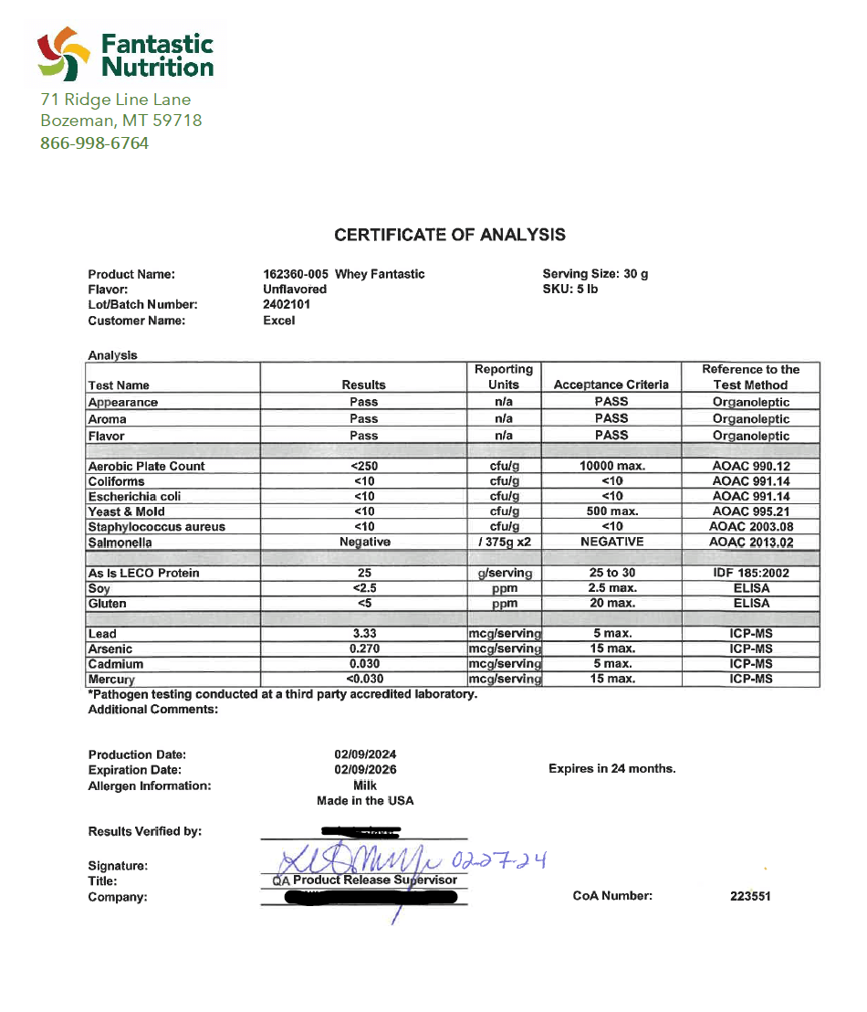 Certificate of Analysis for Whey Fantastic Grass-Fed Whey Protein Powder, detailing product specifications and results.