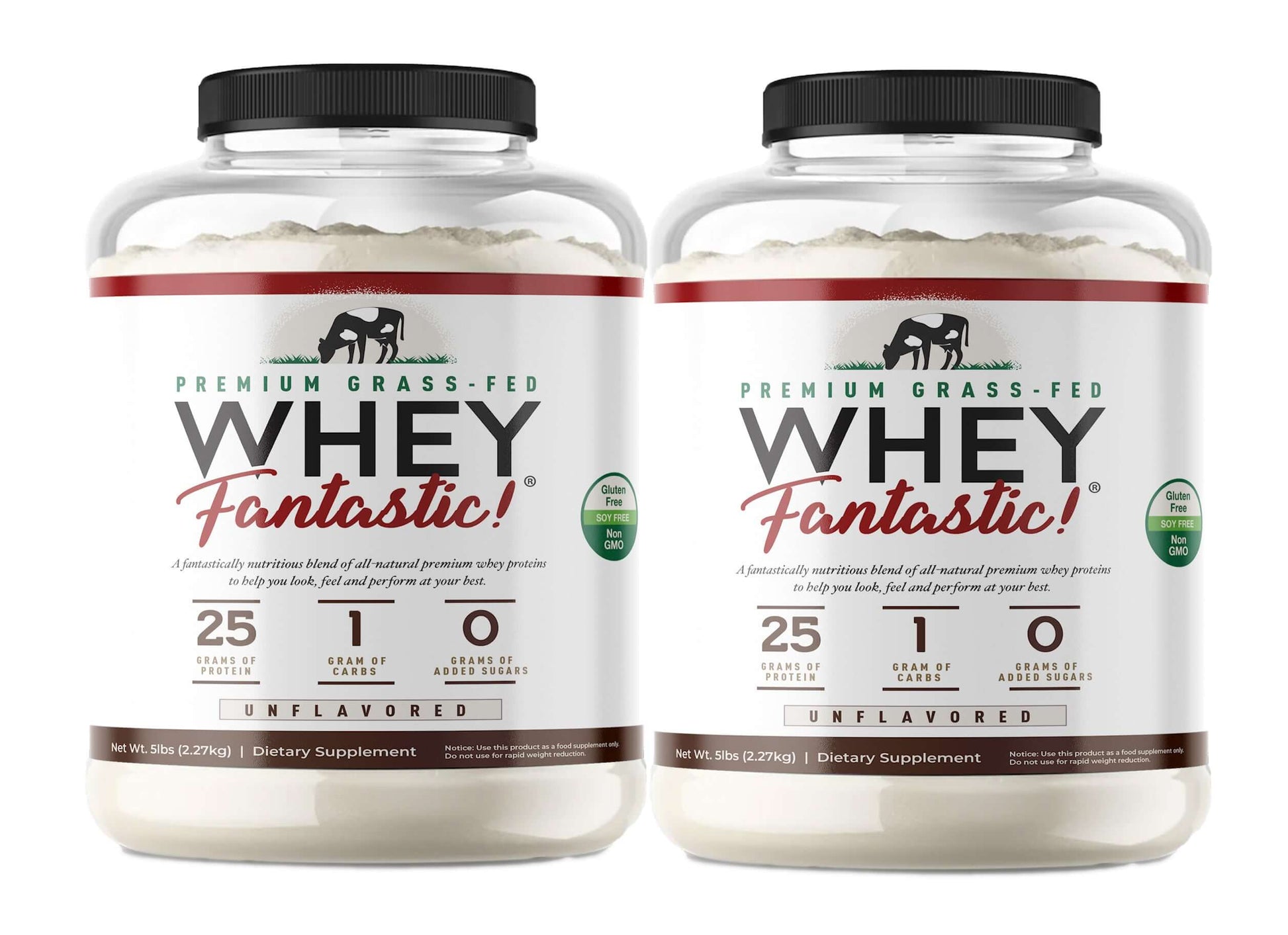 Two containers of Whey Fantastic Grass-Fed Whey Protein Powder featuring 25g protein per serving, unflavored dietary supplement.