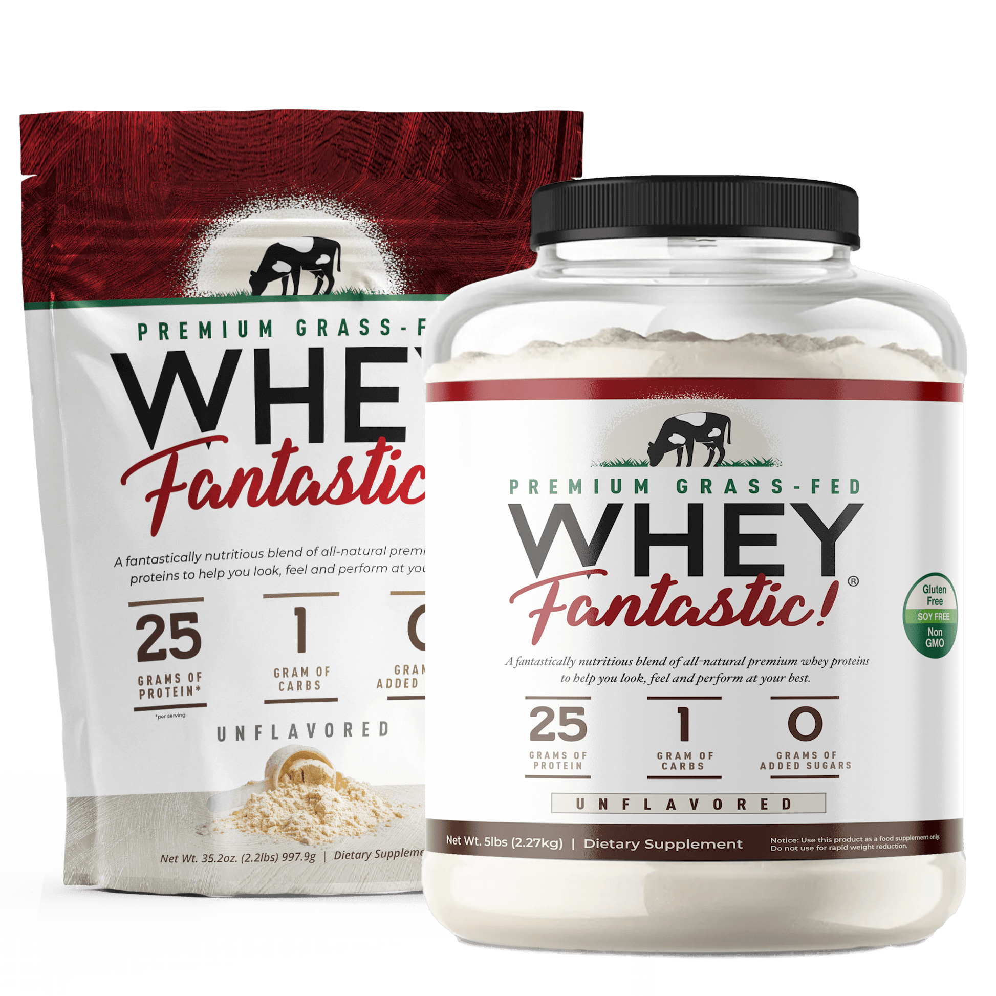 Whey Fantastic grass-fed whey protein powder package and tub with nutrition details and unflavored option, 25g protein per serving.