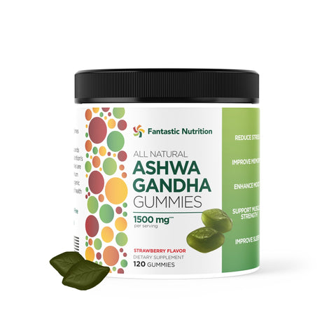 Ashwagandha Gummies - 120 Count. Helps: Reduce Stress, Improve Memory, Enhance Mood, Improve Sleep, Vegan, Gluten and Gelatin Free. Natural Strawberry Flavor. - Fantastic Nutrition