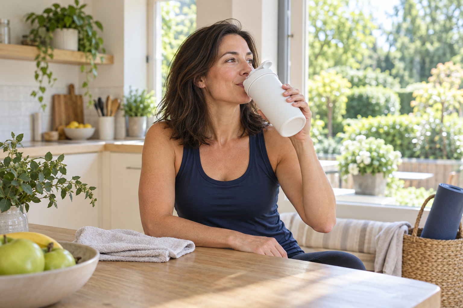 Woman enjoying a shake by a bright kitchen window